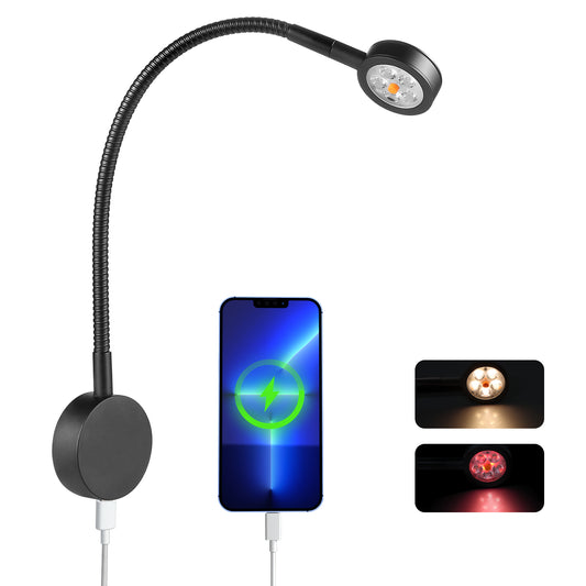 Black Aluminum 12V Reading Light w/ Head Switch & USB-C Port