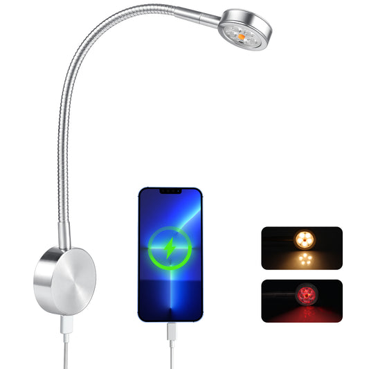 Silver Aluminum 12V Reading Light w/ Head Switch & USB-C Port