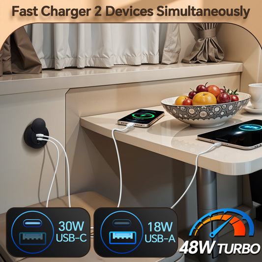 12V USB Outlet 30W PD + 18W QC3.0 – Dual Port Car Charger for RV, Truck, Boat, Van