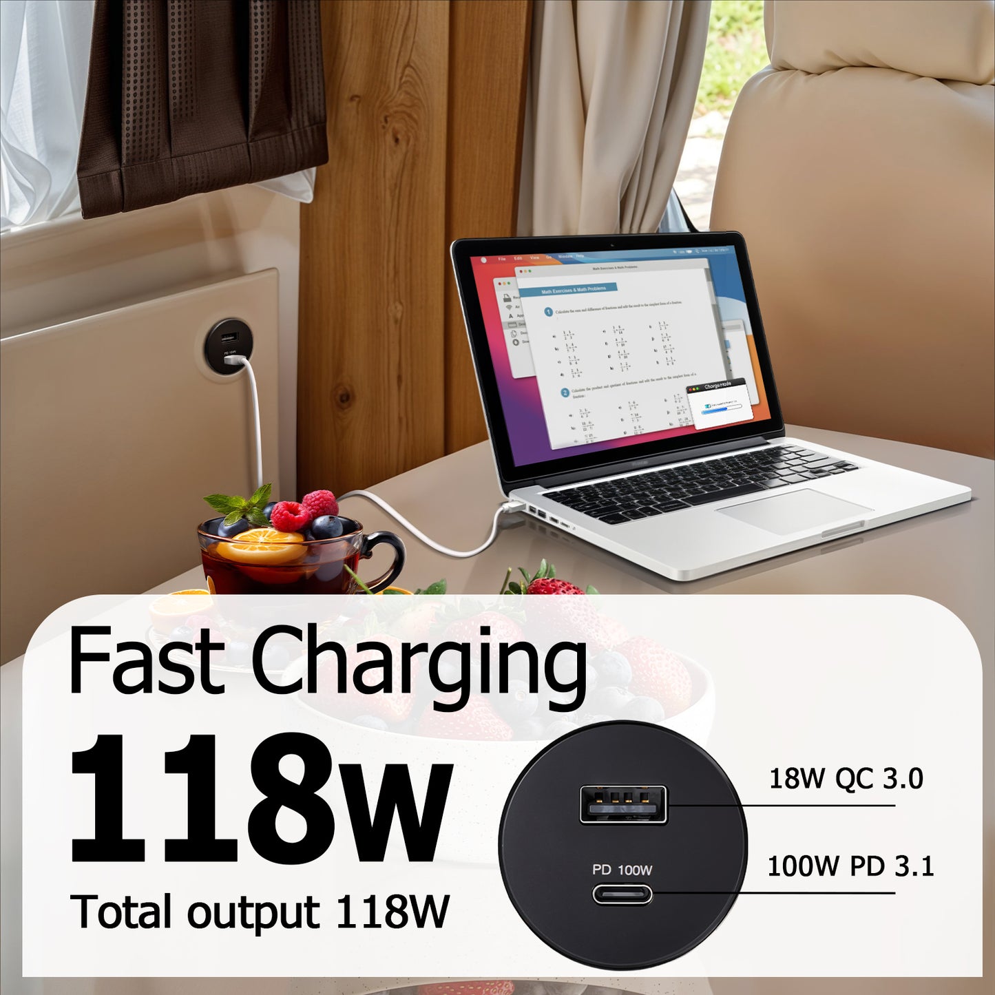 12V Aluminum USB Outlet 100W PD3.1 Type-C & 18W QC3.0 USB-C Laptop Charger Socket Dual Port Fast Charging Recessed Mount Car Charger Replacement for RV Camper Trailer Truck Boat Car