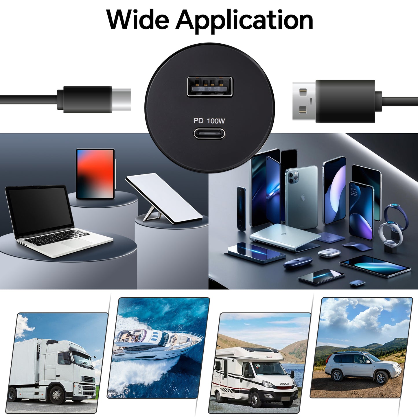 12V Aluminum USB Outlet 100W PD3.1 Type-C & 18W QC3.0 USB-C Laptop Charger Socket Dual Port Fast Charging Recessed Mount Car Charger Replacement for RV Camper Trailer Truck Boat Car