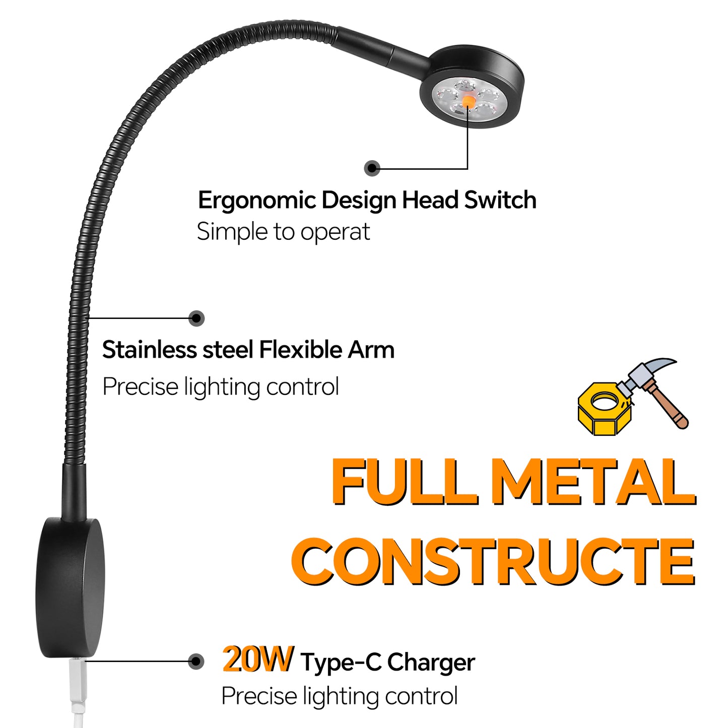 Black Aluminum 12V Reading Light w/ Head Switch & USB-C Port