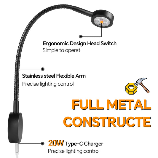 Black Aluminum 12V Reading Light w/ Head Switch & USB-C Port