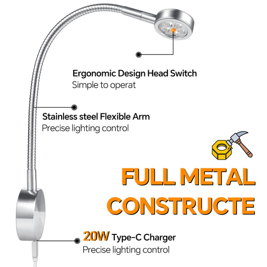 Silver Aluminum 12V Reading Light w/ Head Switch & USB-C Port