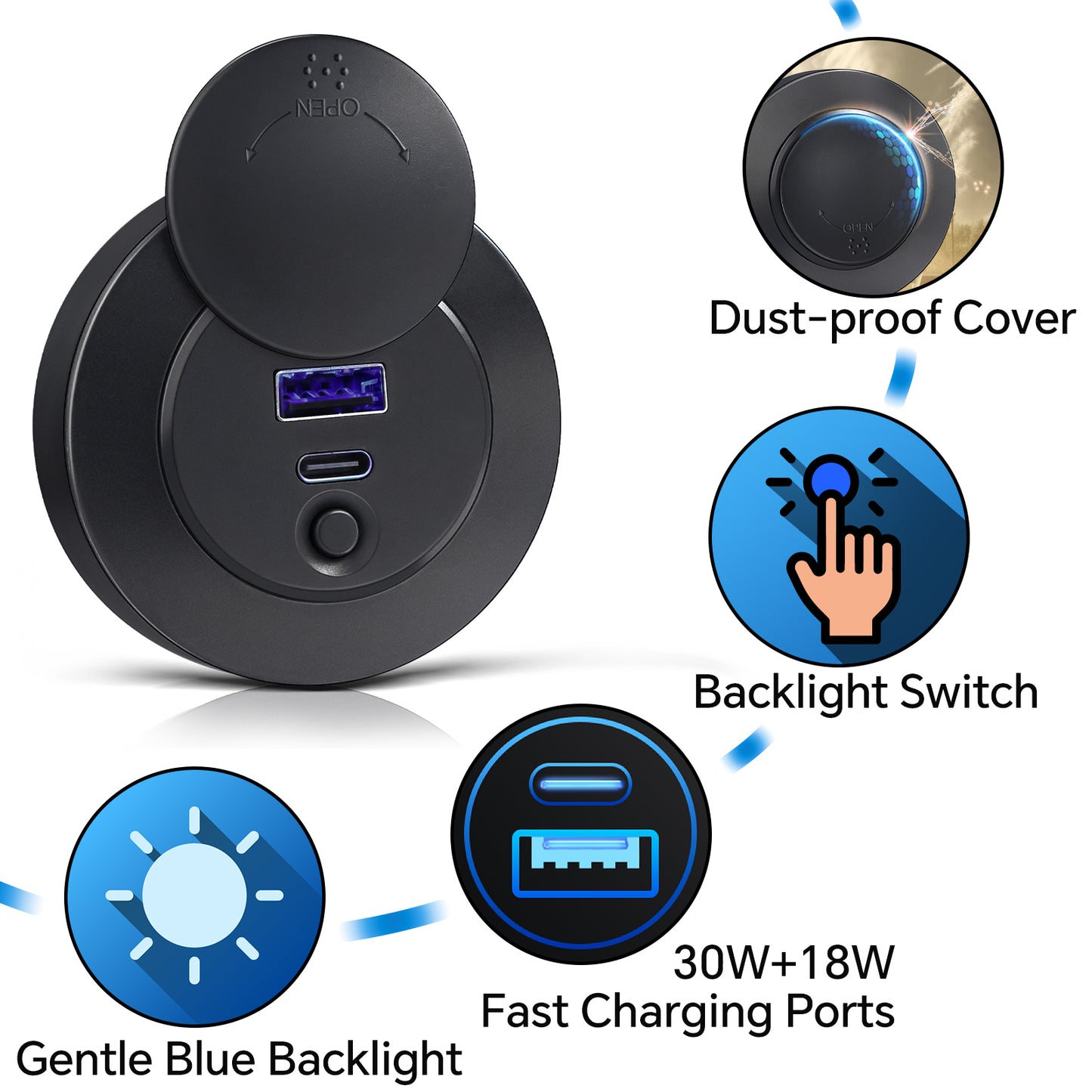12V USB Outlet 30W PD + 18W QC3.0 – Dual Port Car Charger for RV, Truck, Boat, Van