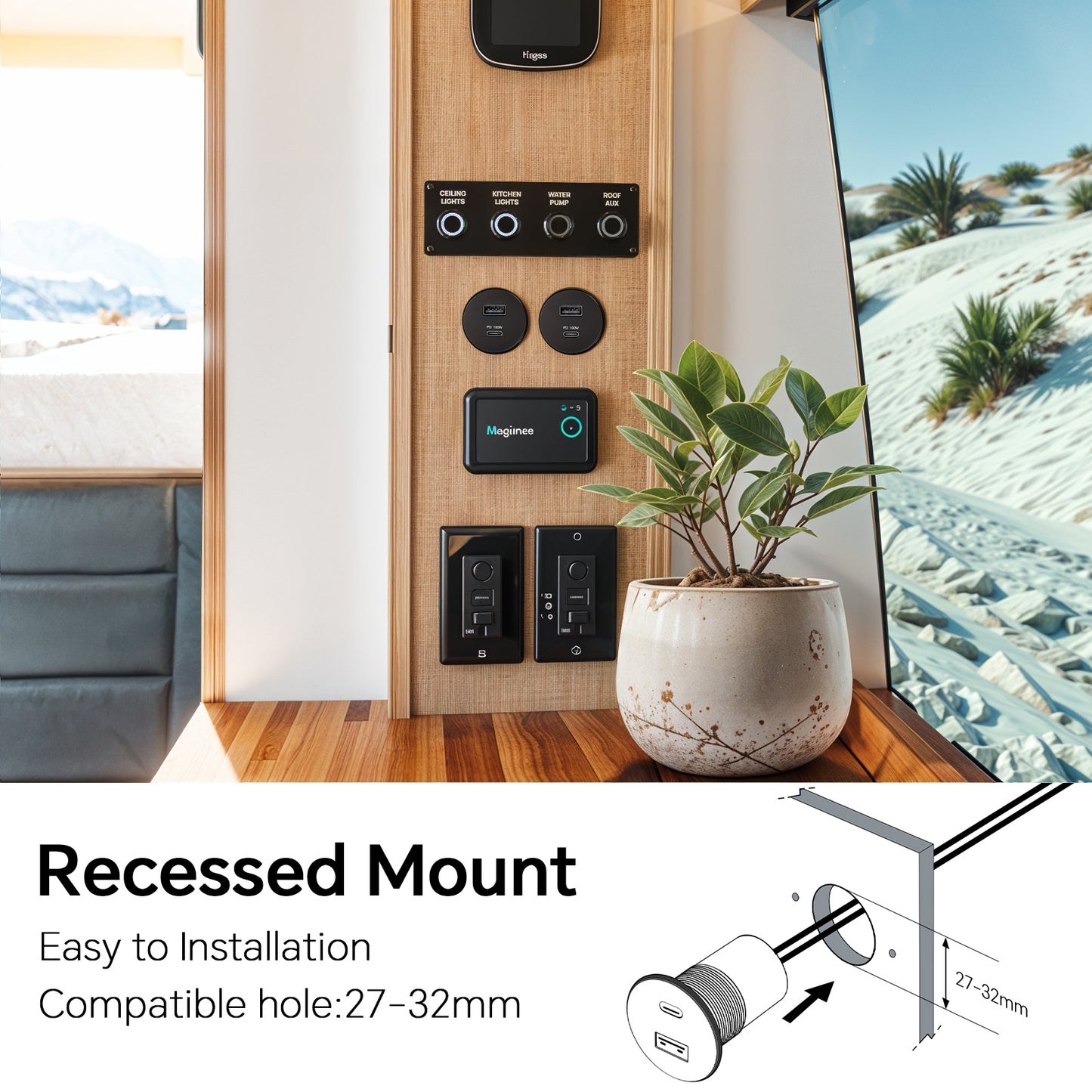 12V Aluminum USB Outlet 100W PD3.1 Type-C & 18W QC3.0 USB-C Laptop Charger Socket Dual Port Fast Charging Recessed Mount Car Charger Replacement for RV Camper Trailer Truck Boat Car