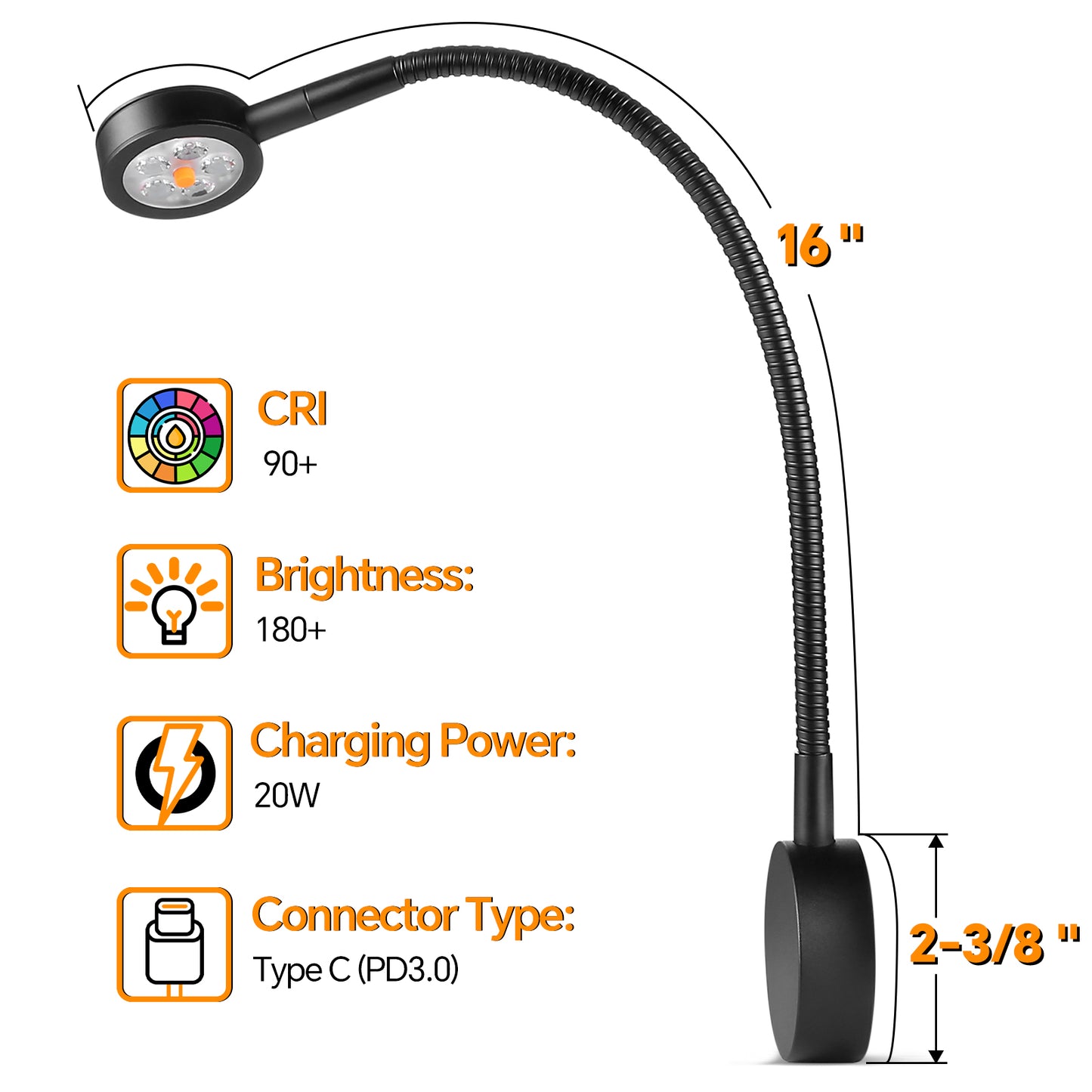 Black Aluminum 12V Reading Light w/ Head Switch & USB-C Port