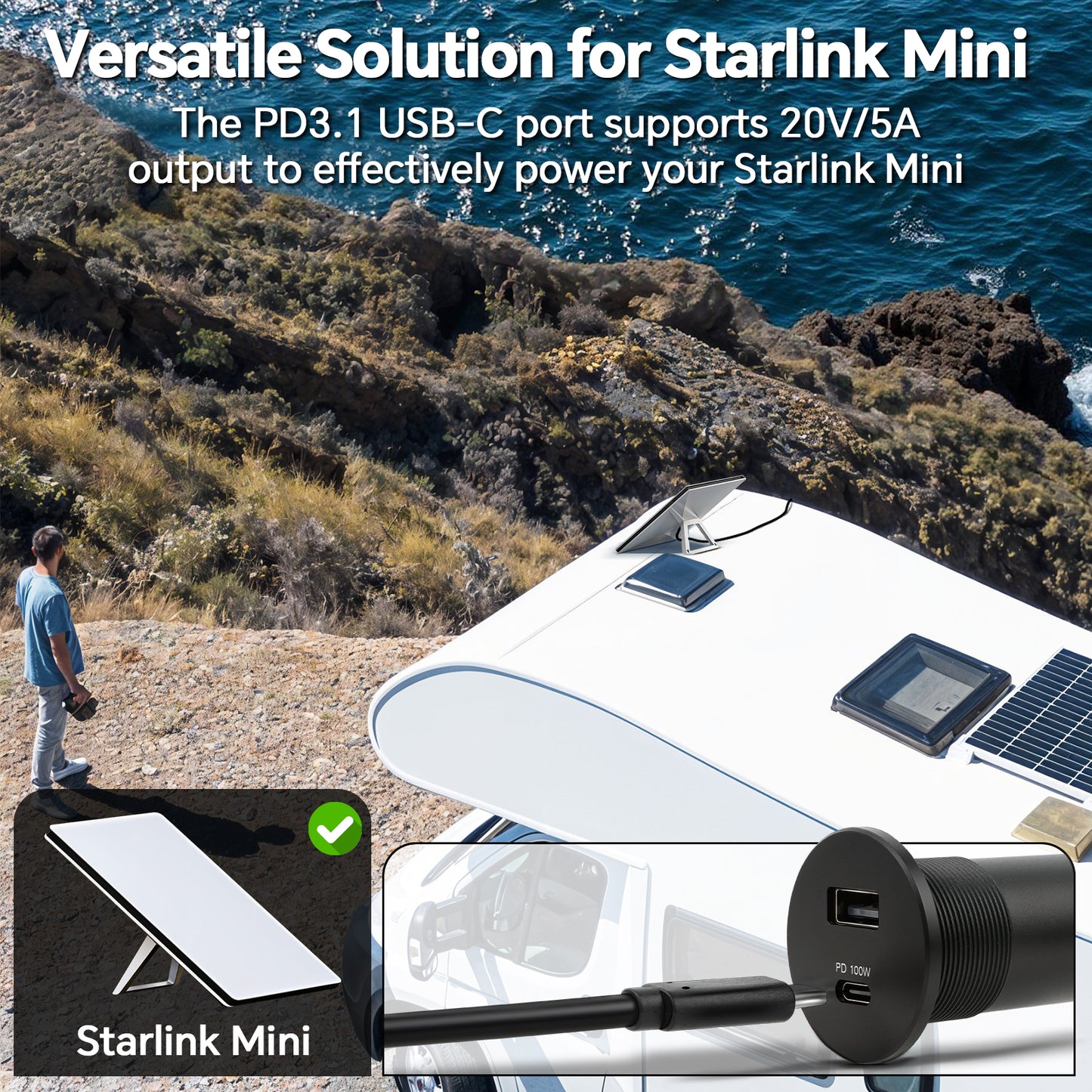 12V Aluminum USB Outlet 100W PD3.1 Type-C & 18W QC3.0 USB-C Laptop Charger Socket Dual Port Fast Charging Recessed Mount Car Charger Replacement for RV Camper Trailer Truck Boat Car