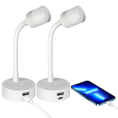12V Reading Light Campervan, 3200K(Dimmable) & Soft Red Night Light, Equipped USB-A & USB-C Charger Gooseneck LED Bedside Spotlight for Motorhome Boat Van Caravan, White 2PCS