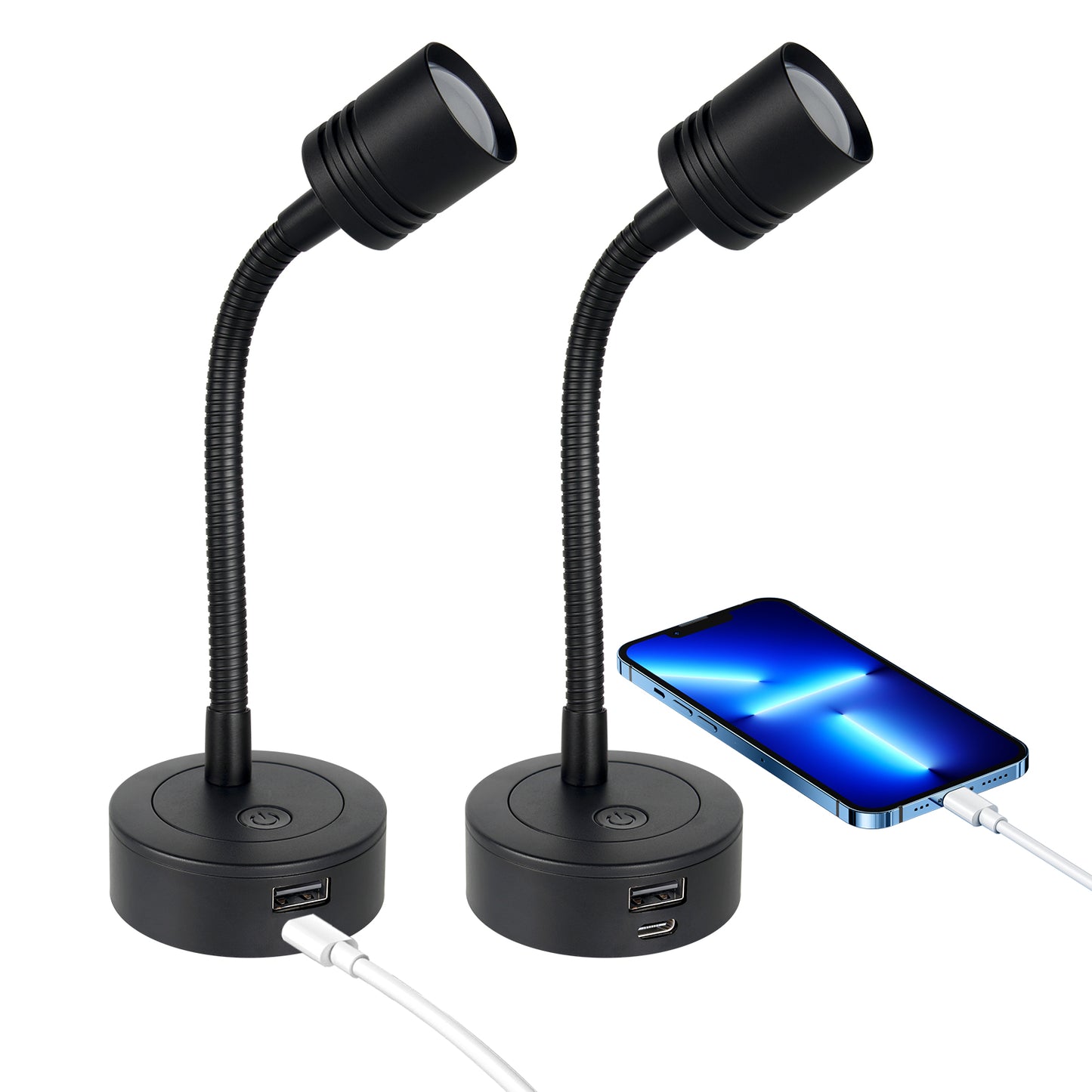 12V Reading Light Campervan, 3200K(Dimmable) & Soft Red Night Light, Equipped USB-A & USB-C Charger Gooseneck LED Bedside Spotlight for Motorhome Boat Van Caravan, Black 2PCS