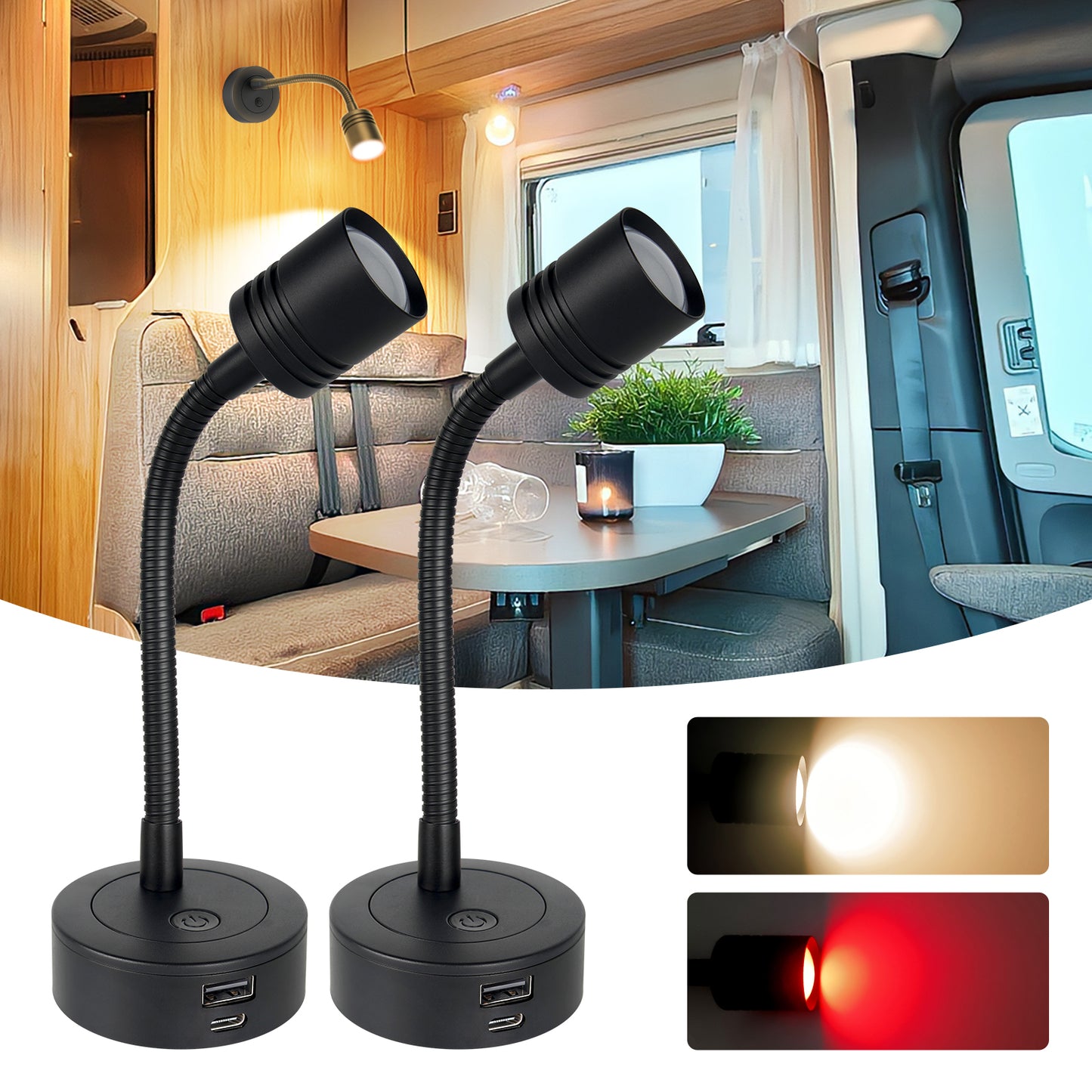 12V Reading Light Campervan, 3200K(Dimmable) & Soft Red Night Light, Equipped USB-A & USB-C Charger Gooseneck LED Bedside Spotlight for Motorhome Boat Van Caravan, Black 2PCS