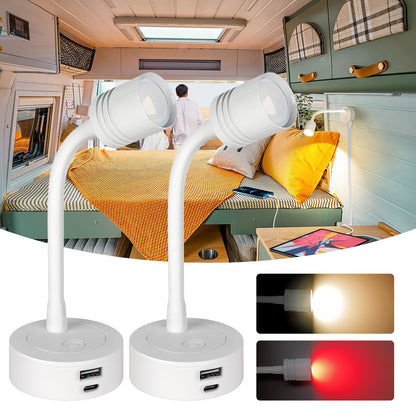 12V Reading Light Campervan, 3200K(Dimmable) & Soft Red Night Light, Equipped USB-A & USB-C Charger Gooseneck LED Bedside Spotlight for Motorhome Boat Van Caravan, White 2PCS