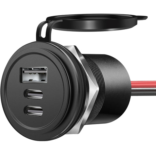 72W 3 Port 12V USB Outlet, Dual PD3.0 Type-C & QC3.0 Aluminum Car Charger, Multi Port USB Power Socket Cigarette Lighter Replacement for RV Camper Truck Boat Golf Cart