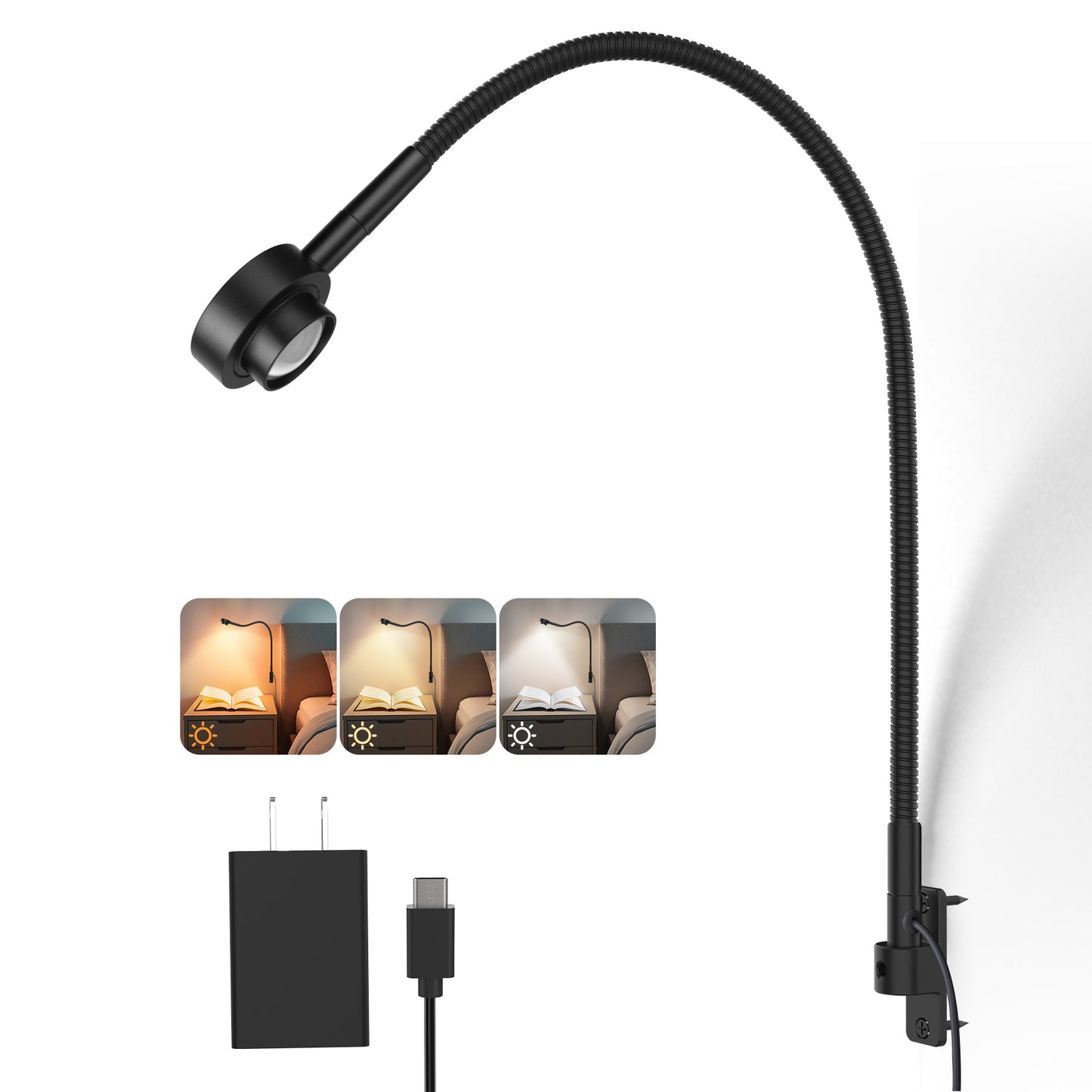 Wall Mounted Reading Light, 3CCT Bedside Book Light Minimalist Black