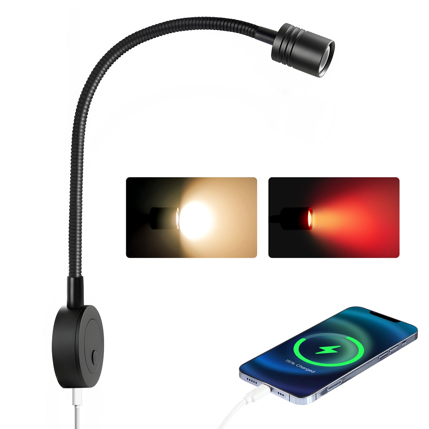 12V Reading Light Campervan, 3200K(Dimmable) & Soft Red Night Light, Equipped USB-C Charger Gooseneck LED Bedside Spotlight for Motorhome Boat Van Caravan, Black