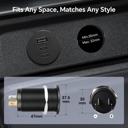 68W 3 Port 12V USB Outlet, Dual PD3.0 Type-C QC3.0 Aluminum Car Charger
