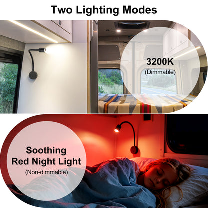 12V Reading Light Campervan, 3200K(Dimmable) & Soft Red Night Light, Equipped USB-C Charger Gooseneck LED Bedside Spotlight for Motorhome Boat Van Caravan, Black
