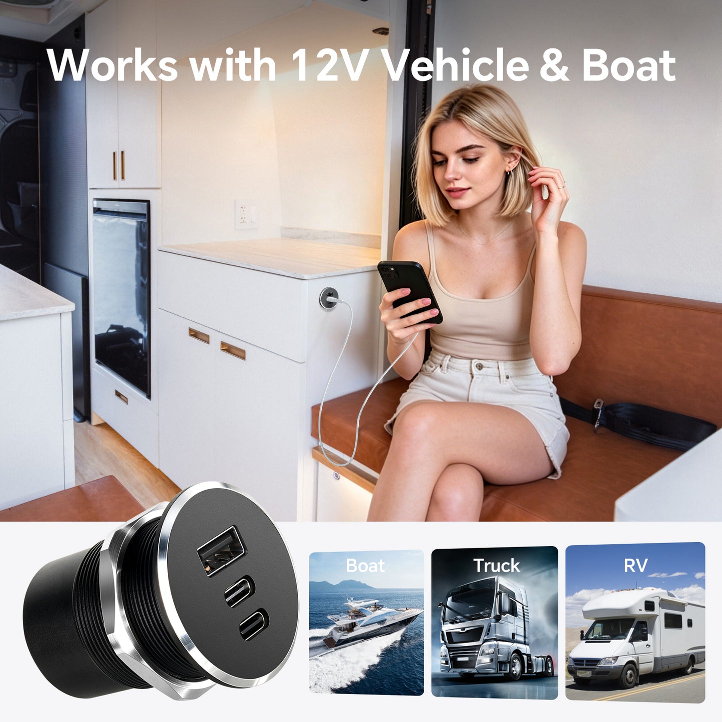 12V USB C Socket Campervan USB Outlet All Aluminum, Dual Port Type C PD 3.0 & QC3.0