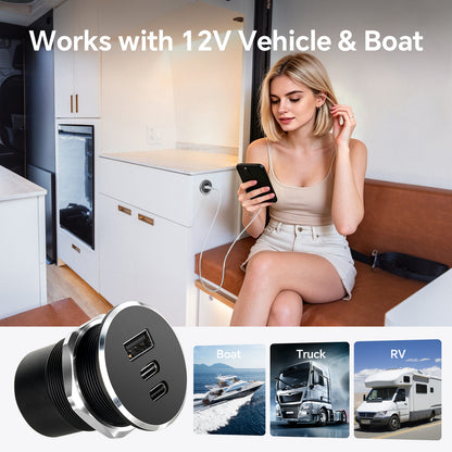 12V USB C Socket Campervan USB Outlet All Aluminum, Dual Port Type C PD 3.0 & QC3.0