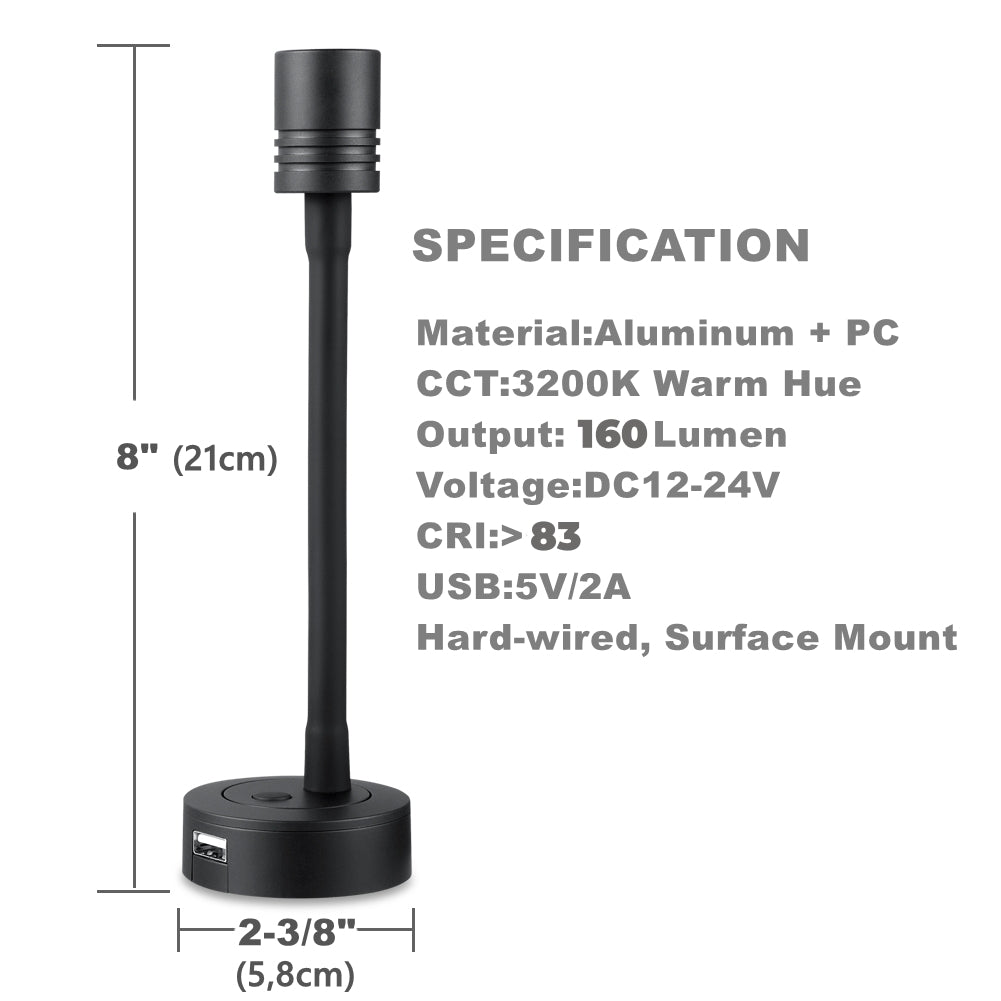 Obeaming 12V RV Reading LED Light  w/ USB Charger port