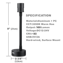 12V Dimmable Reading Light, Bedside Gooseneck LED for RV Boat Camper Van, Equipped USB Charger&Press Dimmer Switch