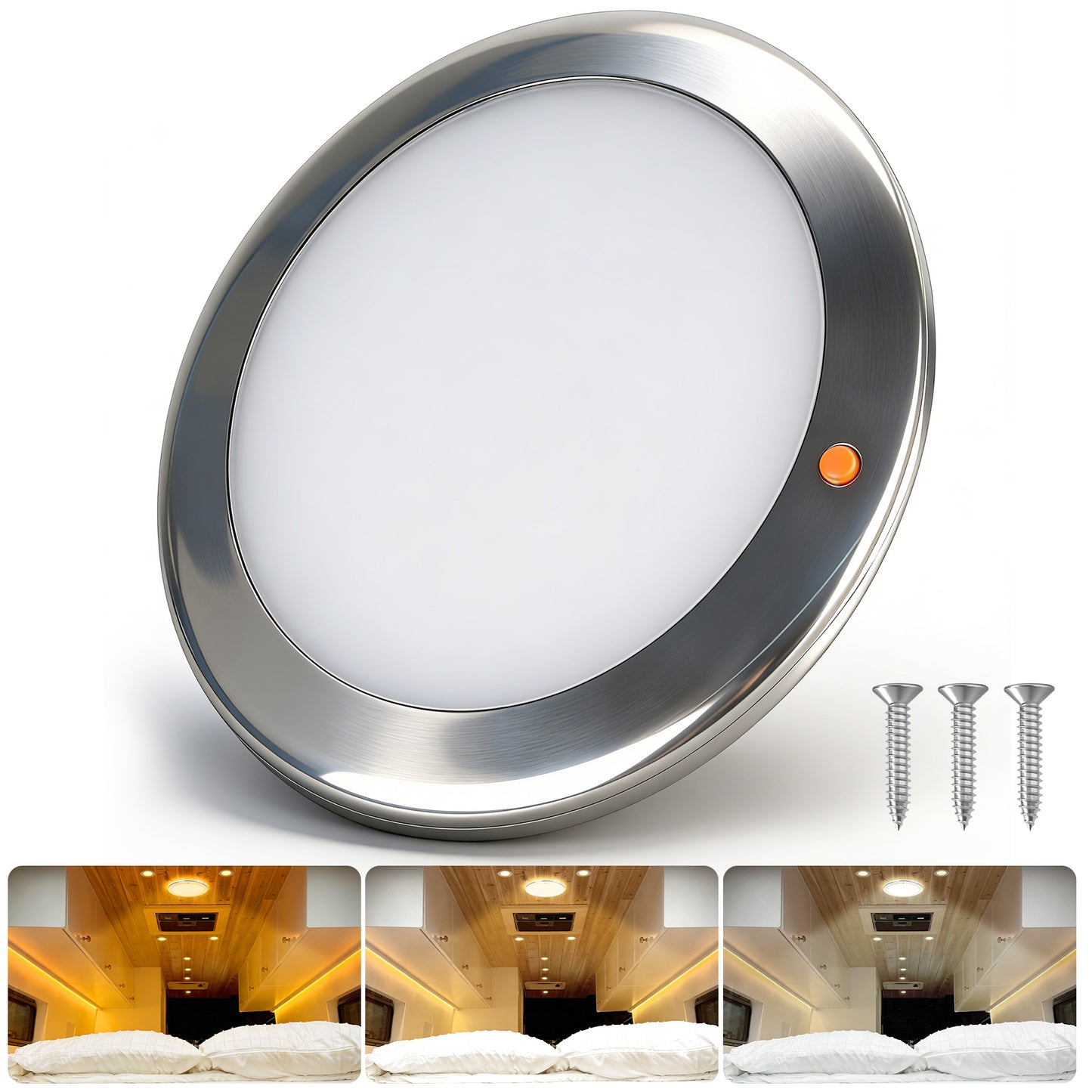 12V Stainless Ceiling Dome Light RV Boat 3 CCT 2700K/4000K/6000K Switchable & Dimmable, Surface Mount LED Down Light for Motorhome Camper Trailer Interior Lighting