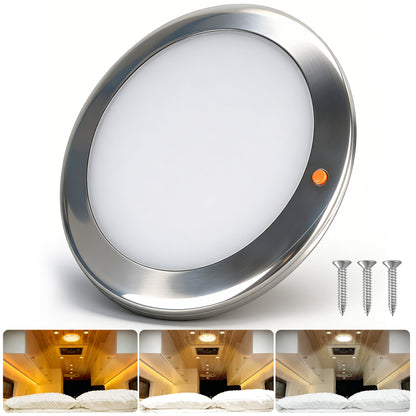 12V Stainless Ceiling Dome Light RV Boat 3 CCT 2700K/4000K/6000K Switchable & Dimmable, Surface Mount LED Down Light for Motorhome Camper Trailer Interior Lighting