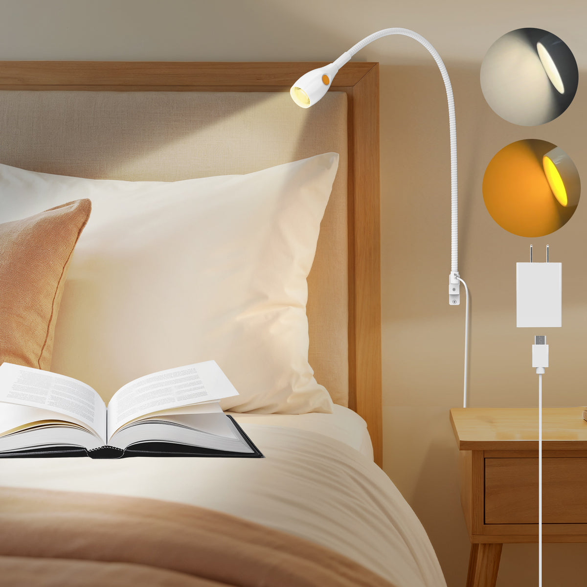 Wall Mounted Reading Light, Bedside Book Light Minimalist White