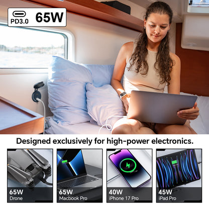 12V USB Socket Aluminum Outlet, 65W PD3.0 USB-C & 20W PD
