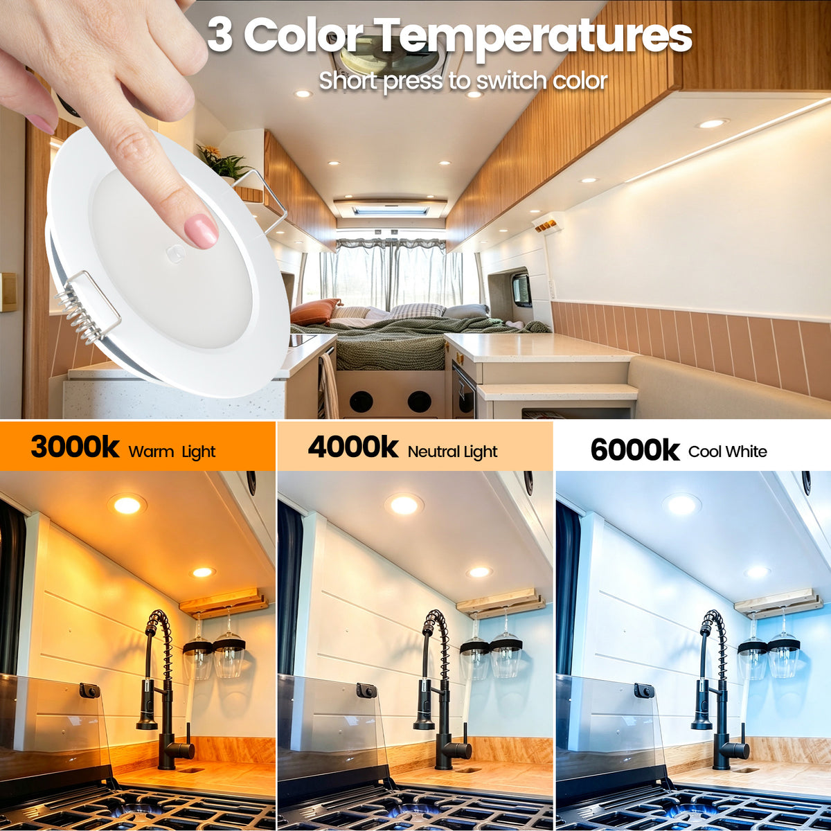 12V LED Lights, Recessed Ceiling Light 76mm 3CCT 3000K/4000K/6000K