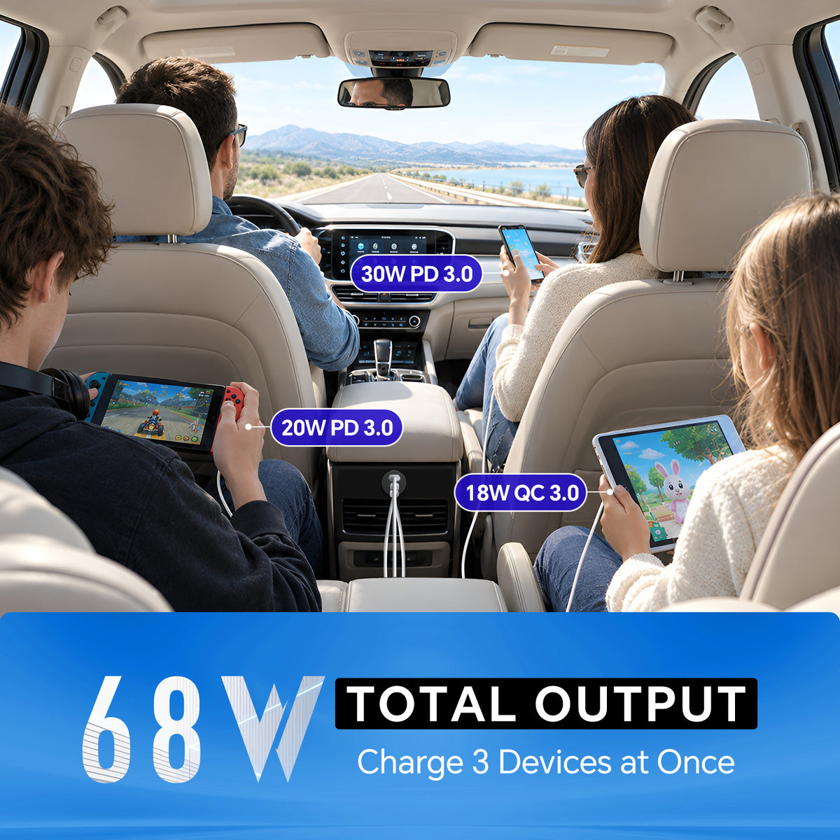 68W 3 Port 12V USB Outlet, Dual PD3.0 Type-C QC3.0 Aluminum Car Charger