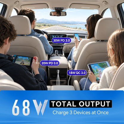 68W 3 Port 12V USB Outlet, Dual PD3.0 Type-C QC3.0 Aluminum Car Charger