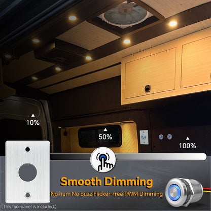 Silver Aluminum 12V High-side PWM Dimmer Switch w/ Blue Backlight for LED Strip Light, Halogen, Incandescent
