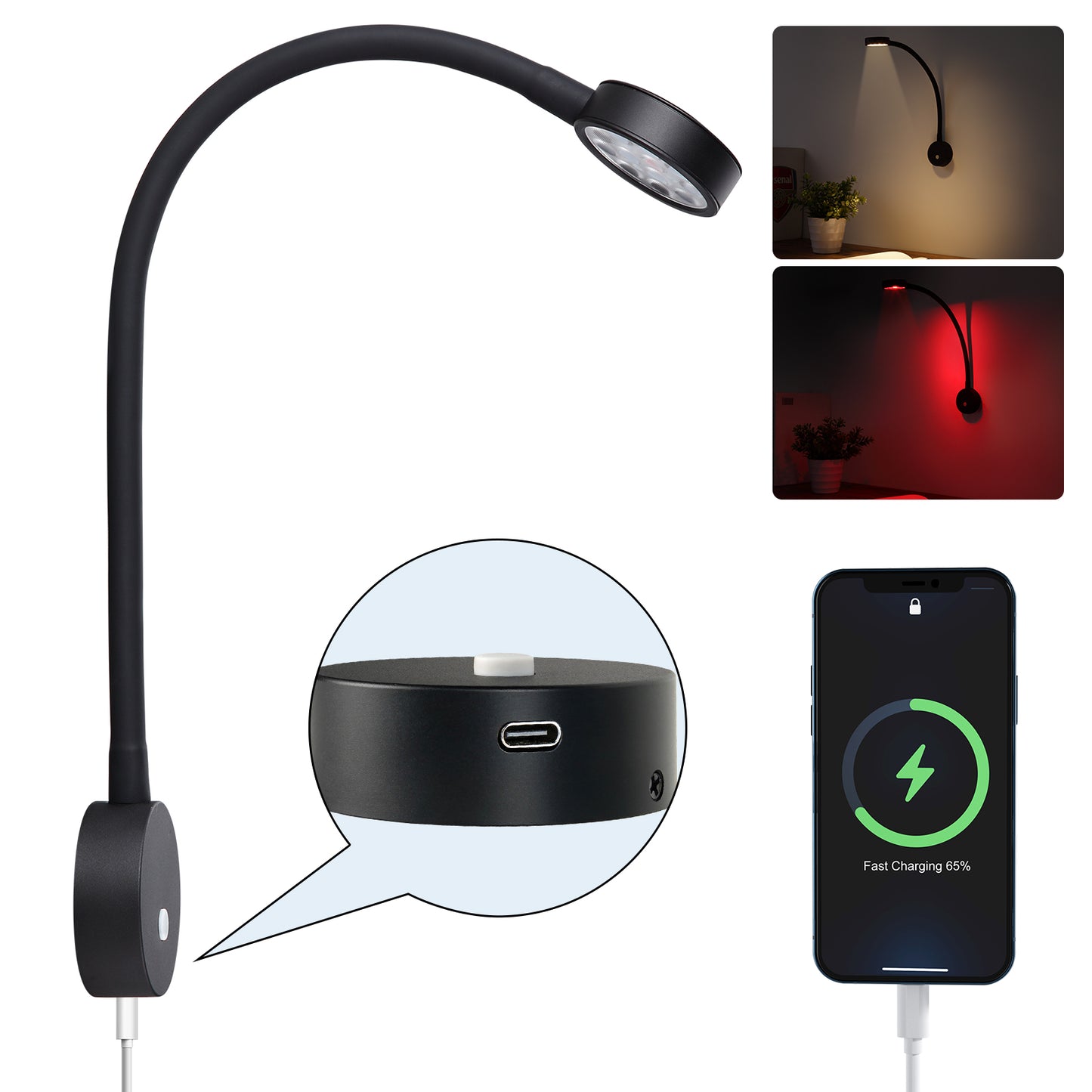 12V Flexible Reading Light 4000K & Red Light, Quick USB C Charger