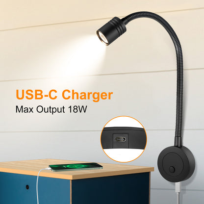 12V Reading Light Campervan, 3200K(Dimmable) & Soft Red Night Light, Equipped USB-C Charger Gooseneck LED Bedside Spotlight for Motorhome Boat Van Caravan, Black
