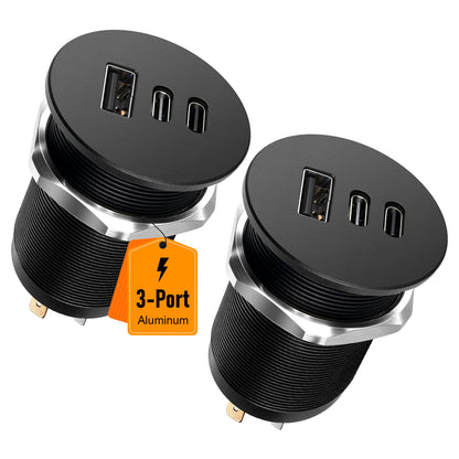 68W 3 Port 12V USB Outlet, Dual PD3.0 Type-C QC3.0 Aluminum Car Charger
