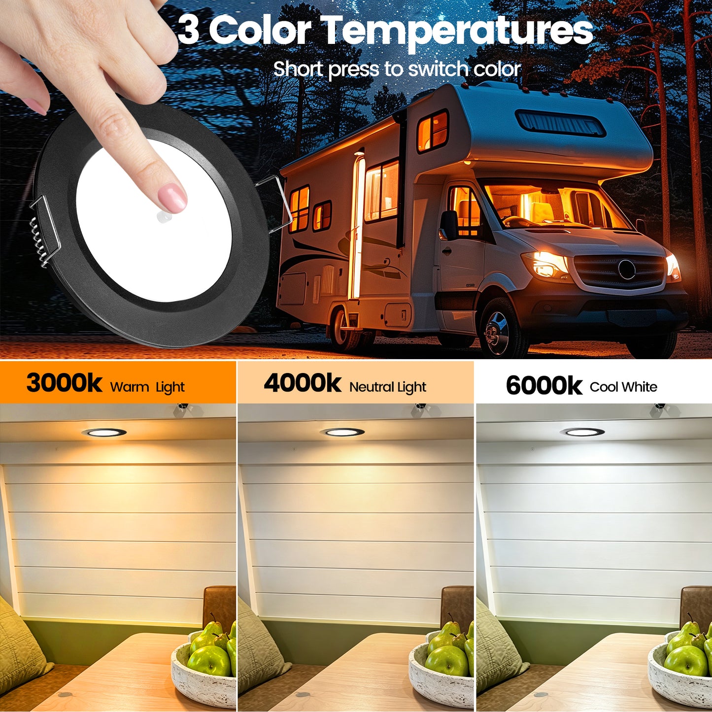 12V LED Lights, Recessed Ceiling Light 76mm 3CCT 3000K/4000K/6000K