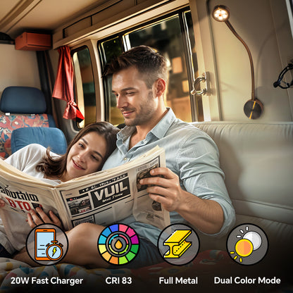 Silver Aluminum 12V Reading Light w/ Head Switch & USB-C Port