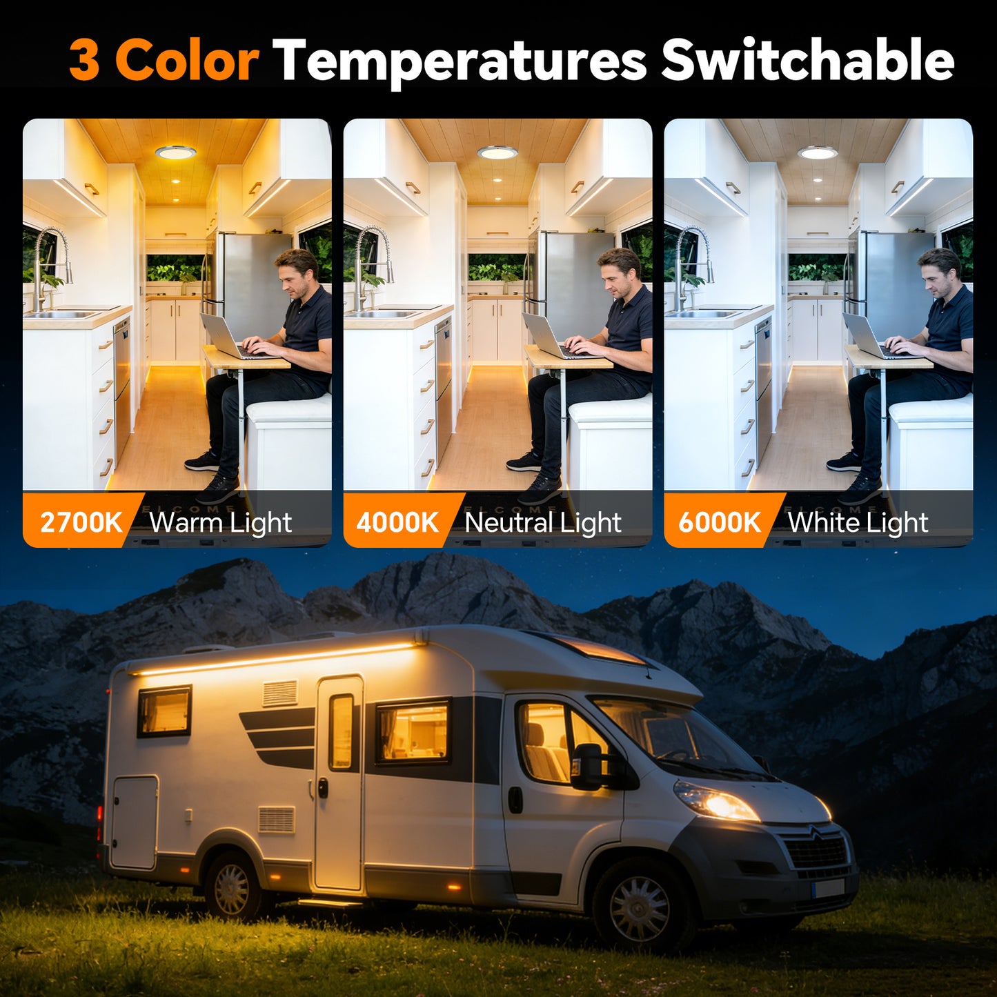 12V Stainless Ceiling Dome Light RV Boat 3 CCT 2700K/4000K/6000K Switchable & Dimmable, Surface Mount LED Down Light for Motorhome Camper Trailer Interior Lighting
