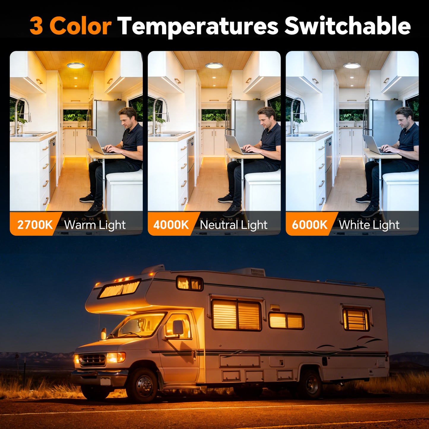 12V Stainless Ceiling Dome Light RV Boat 3 CCT 2700K/4000K/6000K Switchable & Dimmable, Surface Mount LED Down Light for Motorhome Camper Trailer Interior Lighting