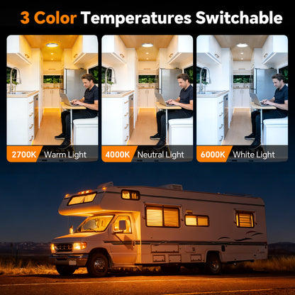 12V Stainless Ceiling Dome Light RV Boat 3 CCT 2700K/4000K/6000K Switchable & Dimmable, Surface Mount LED Down Light for Motorhome Camper Trailer Interior Lighting