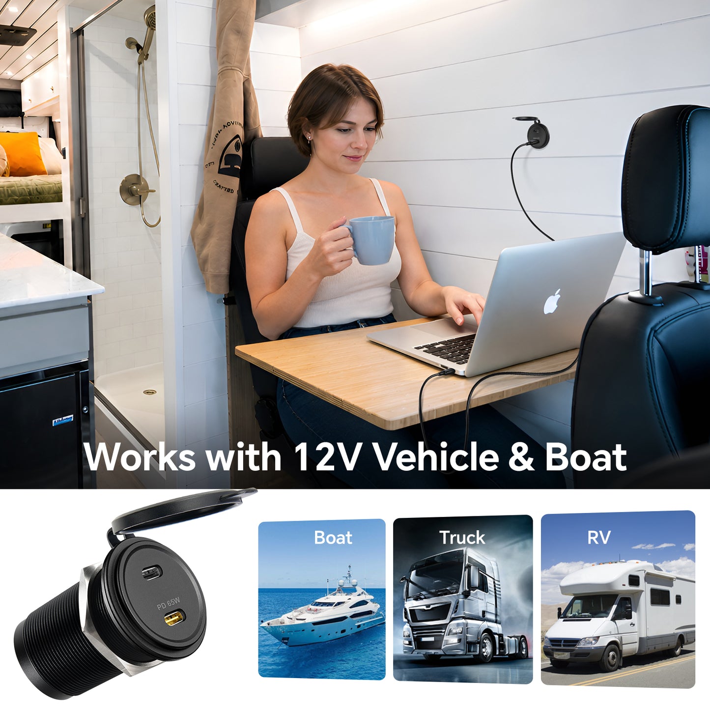 12V USB Socket Aluminum Outlet, 65W PD3.0 USB-C & 20W PD