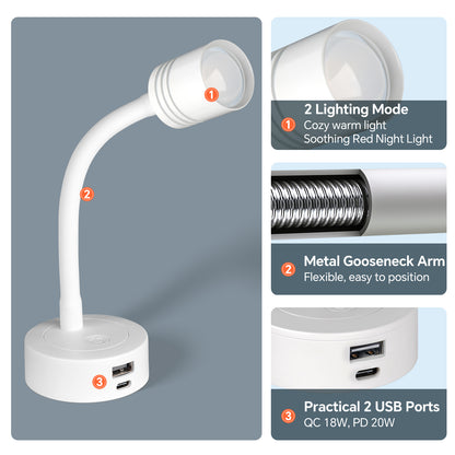12V Reading Light Campervan, 3200K(Dimmable) & Soft Red Night Light, Equipped USB-A & USB-C Charger Gooseneck LED Bedside Spotlight for Motorhome Boat Van Caravan, White 2PCS