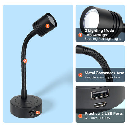12V Reading Light Campervan, 3200K(Dimmable) & Soft Red Night Light, Equipped USB-A & USB-C Charger Gooseneck LED Bedside Spotlight for Motorhome Boat Van Caravan, Black 2PCS