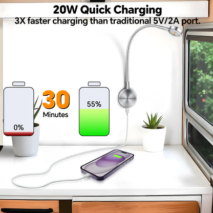 Silver Aluminum 12V Reading Light w/ Head Switch & USB-C Port