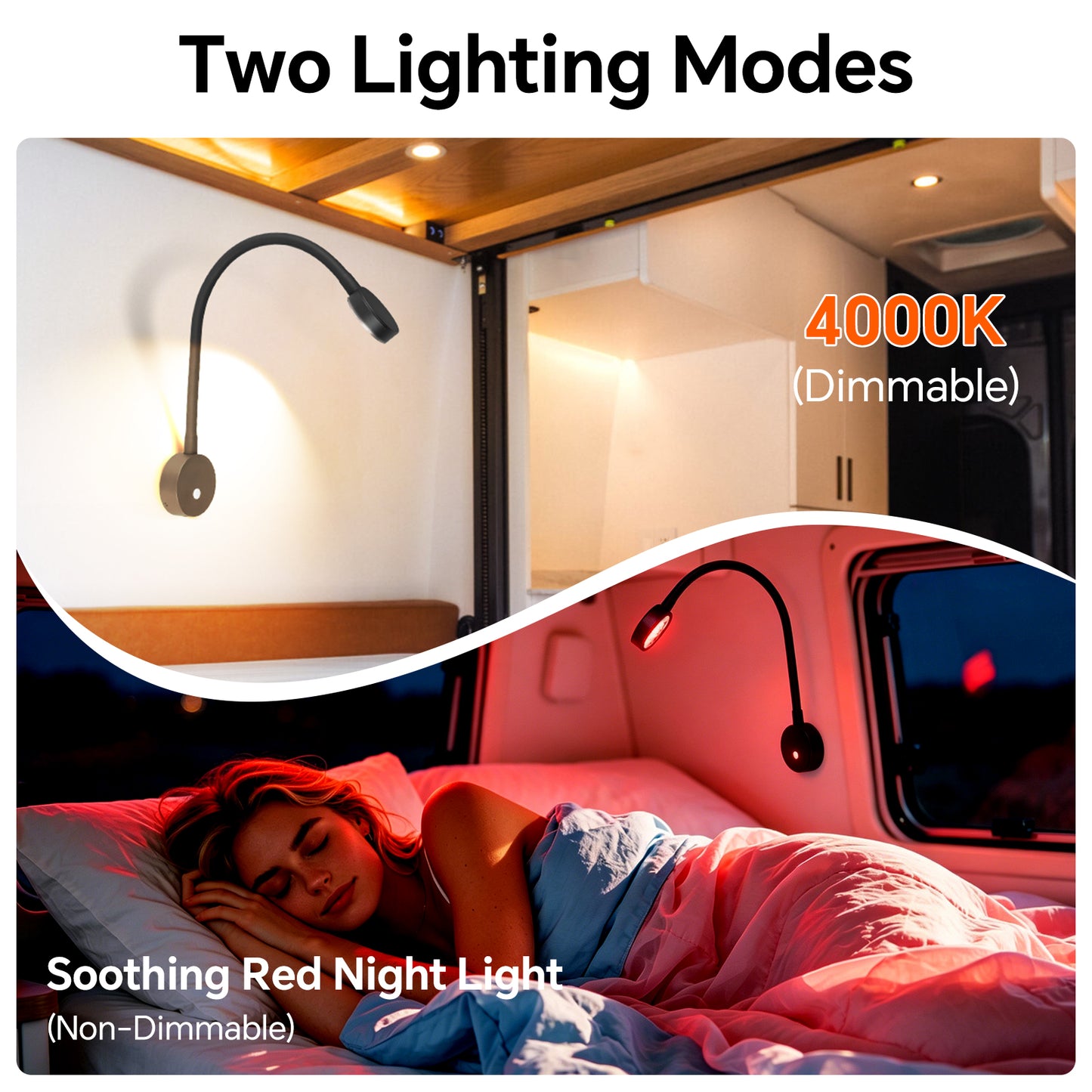 12V Flexible Reading Light 4000K & Red Light, Quick USB C Charger