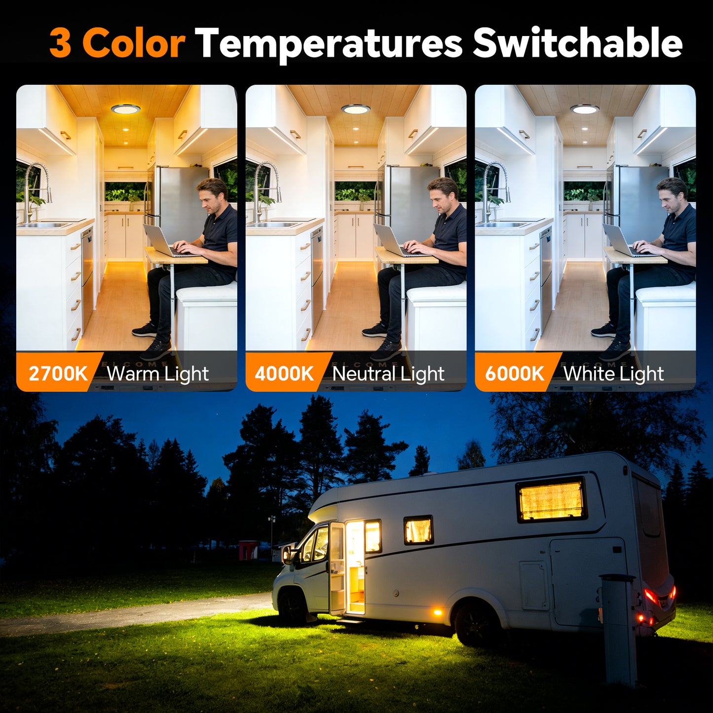 12V Metal Ceiling Dome Light RV Boat 3 CCT 2700K/4000K/6000K Switchable & Dimmable, Surface Mount LED Down Light for Motorhome Camper Trailer Interior Lighting
