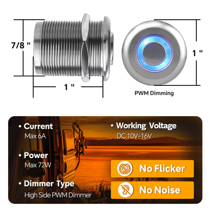 Silver Aluminum 12V High-side PWM Dimmer Switch w/ Blue Backlight for LED Strip Light, Halogen, Incandescent