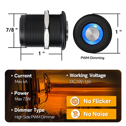 Black Aluminum 12V High-side PWM Dimmer Switch w/ Blue Backlight for LED Strip Light, Halogen, Incandescent