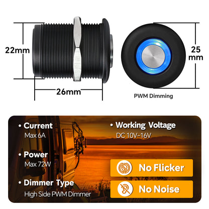 Black Aluminum 12V High-side PWM Dimmer Switch w/ Blue Backlight for LED Strip Light, Halogen, Incandescent